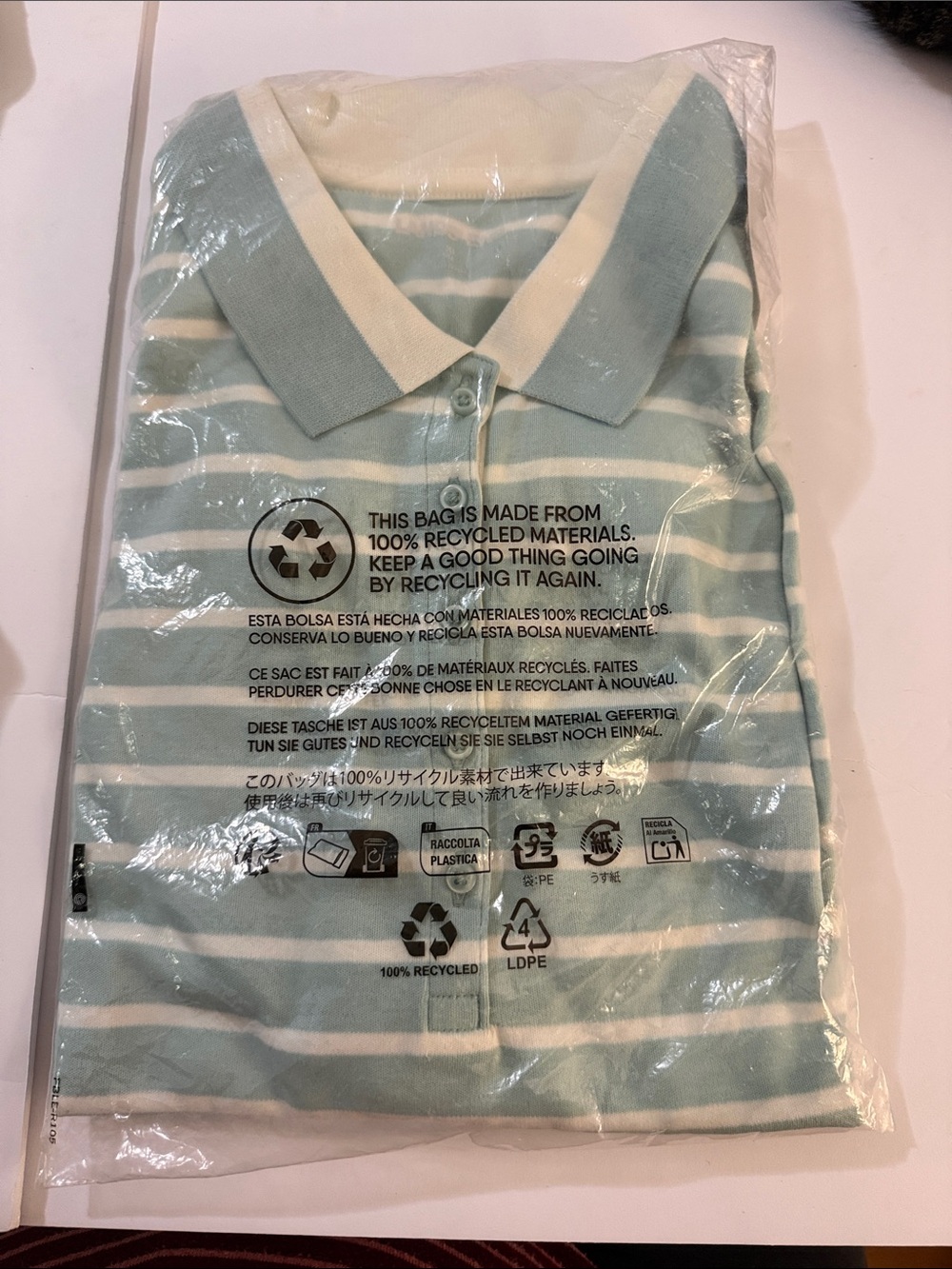 Women’s striped Polo Shirt in Light Aqua and White